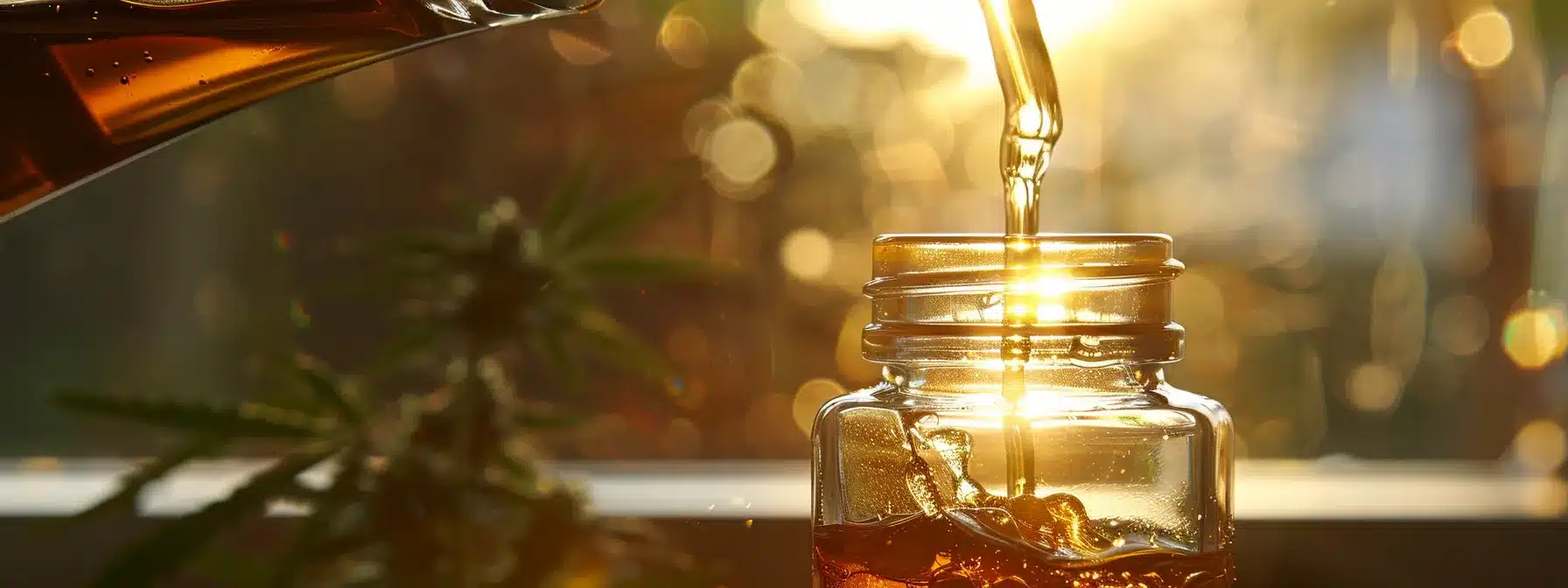 a person pouring cannabis extract into a glass bottle.