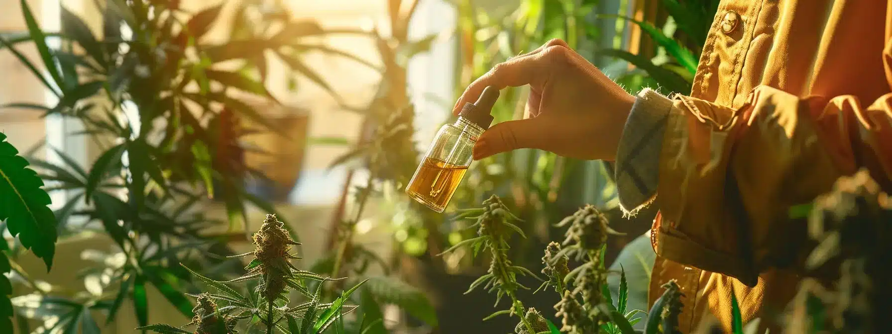 a person holding a dropper bottle of cannabis tincture with various cannabis plants in the background.