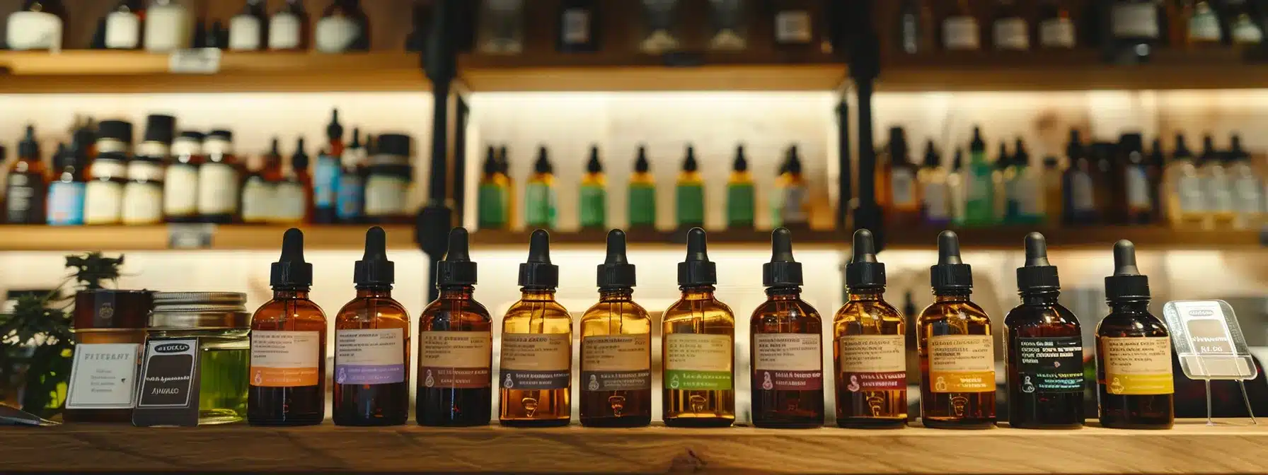 a variety of cannabis tinctures displayed on a shelf with different colored labels and dropper bottles.