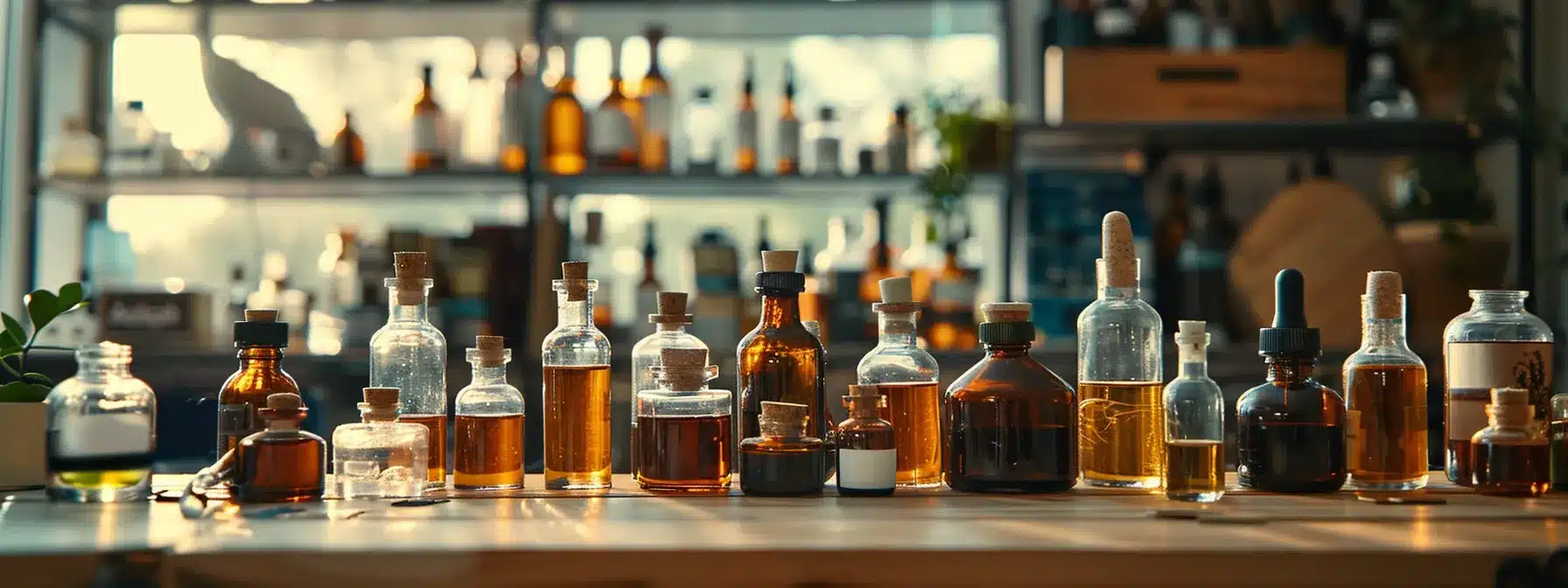 a variety of different tincture bottles lined up on a table, each labeled with their specific type.