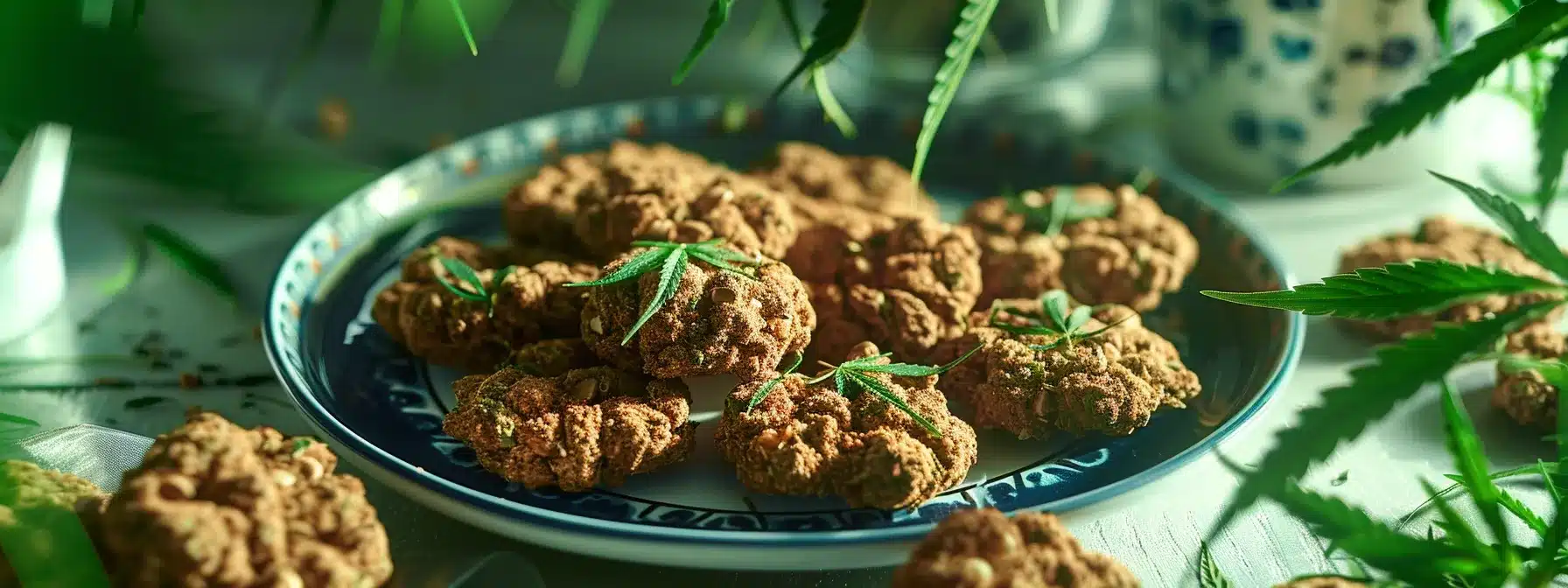 a plate of delicious-looking solventless cannabis edibles surrounded by misconceptions and myths floating in the air.