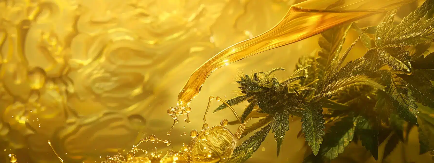 a golden dropper releasing a shimmering, viscous oil onto a textured green cannabis leaf.