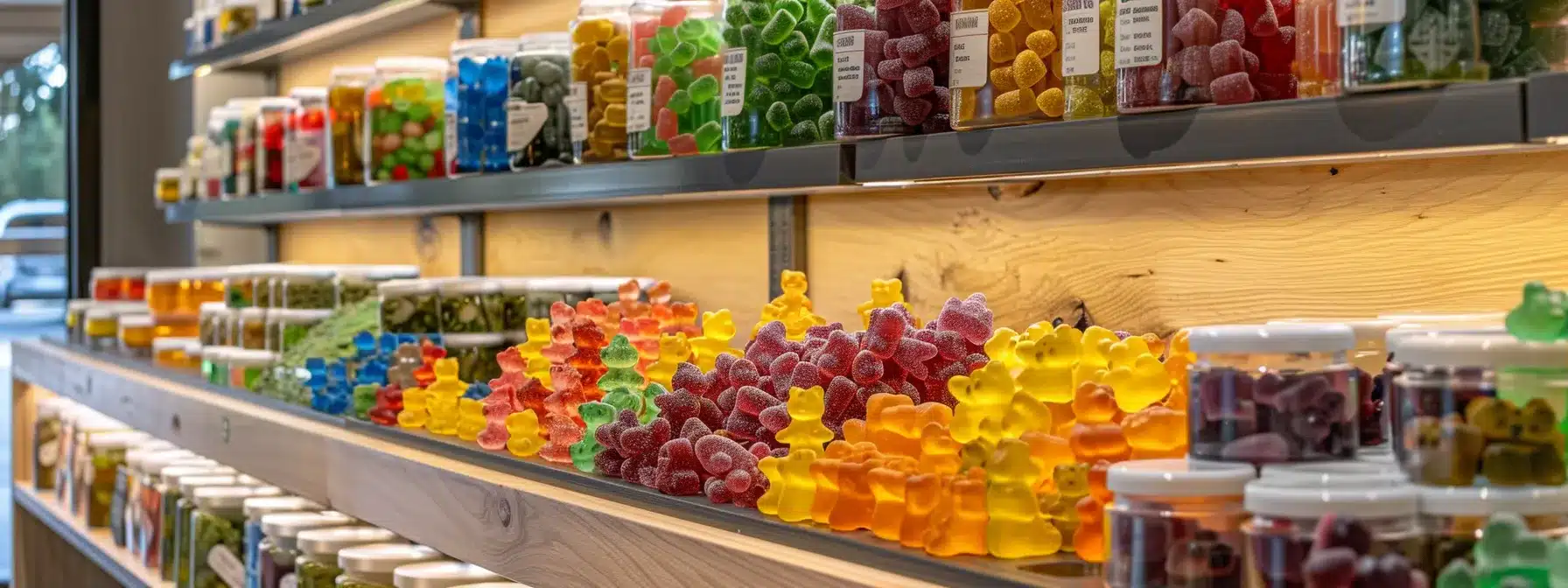 a colorful assortment of cannabis-infused gummy bears displayed on a sleek, modern countertop at farmacy santa barbara dispensary.