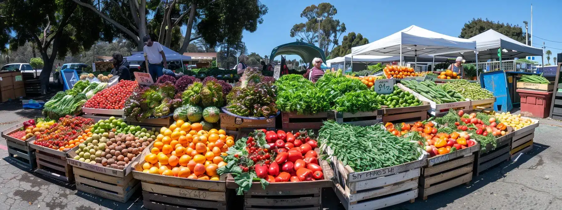 a colorful farmers market stall overflowing with fresh, organic produce in santa barbara.