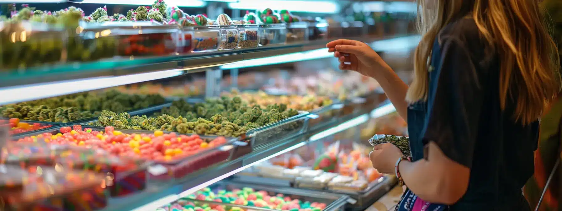 a person at farmacy santa barbara dispensary carefully examining a variety of colorful, flavorful cannabis edibles displayed on a well-lit shelf.