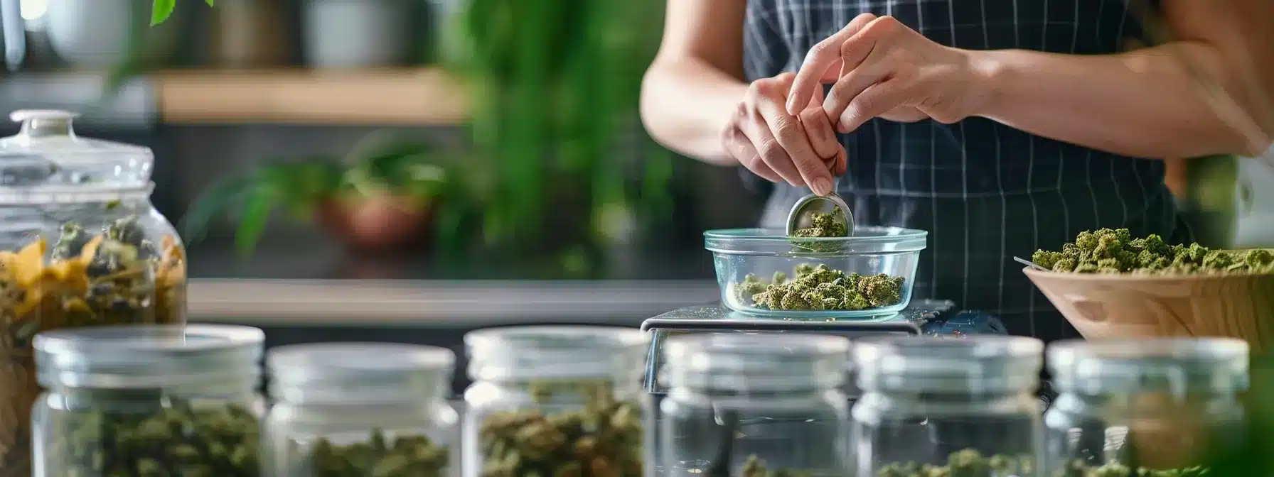 a person carefully measuring a small portion of cannabis edibles on a kitchen scale, surrounded by childproof containers and pet gates, showcasing responsible consumption and safe storage practices.