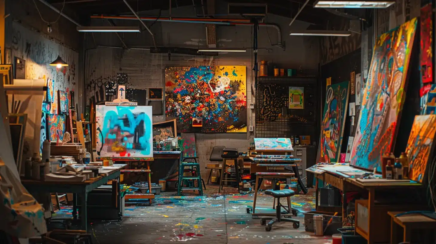 a vibrant, urban art studio in berkeley, filled with bold canvases and colorful paint splatters, where diverse artists engage in creative discussions, inspired by art and cannabis, under the warm glow of soft studio lights. a vibrant, urban art studio in berkeley, filled with bold canvases and colorful paint splatters, where diverse artists engage in creative discussions, inspired by art and cannabis, under the warm glow of soft studio lights.