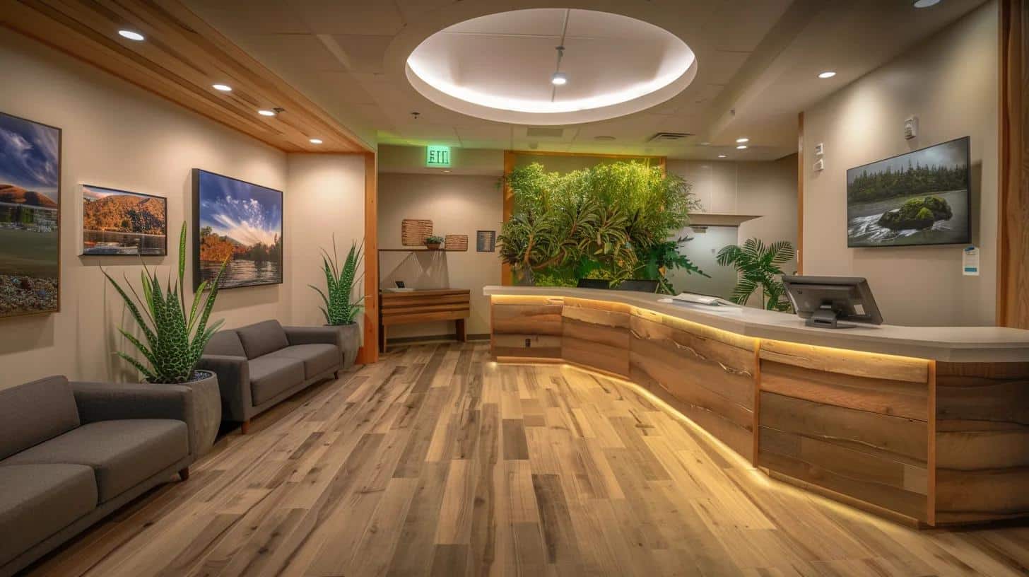 a modern santa barbara dispensary interior showcases sleek, eco-friendly design elements with energy-efficient lighting, locally-sourced decor, and visible features highlighting sustainable practices, embodying a commitment to responsible cannabis retail.