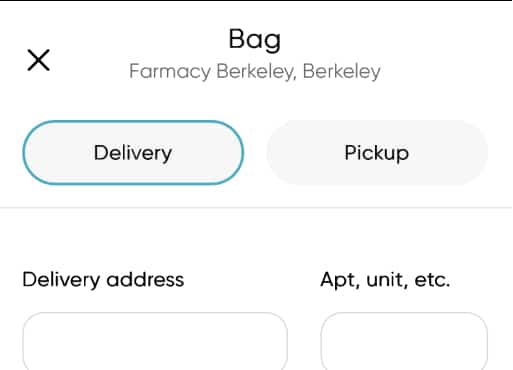 A digital interface showing the Farmacy Berkeley checkout screen with toggle buttons for "Delivery" and "Pickup" options.