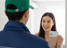 A woman standing at her front door showing her photo ID to a delivery courier to verify her identity for a cannabis delivery.